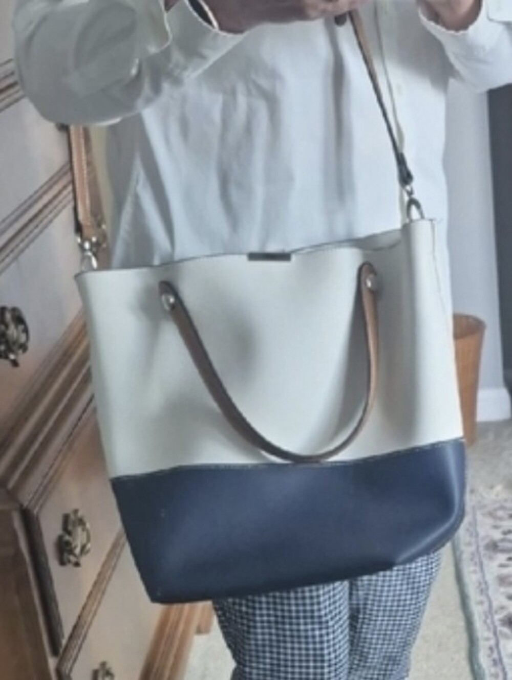 Minelli 2-n-1 Tote And Purse - White and Navy  with Tan Straps